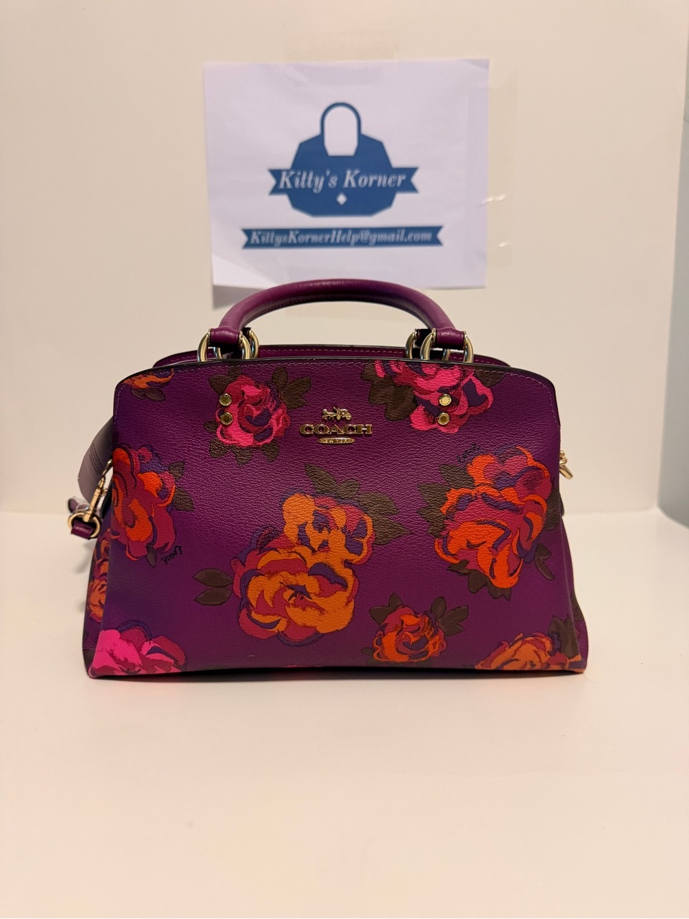 NWT Coach Mini Lillie Carryall in Dark Magenta Multi Jumbo Floral Print.